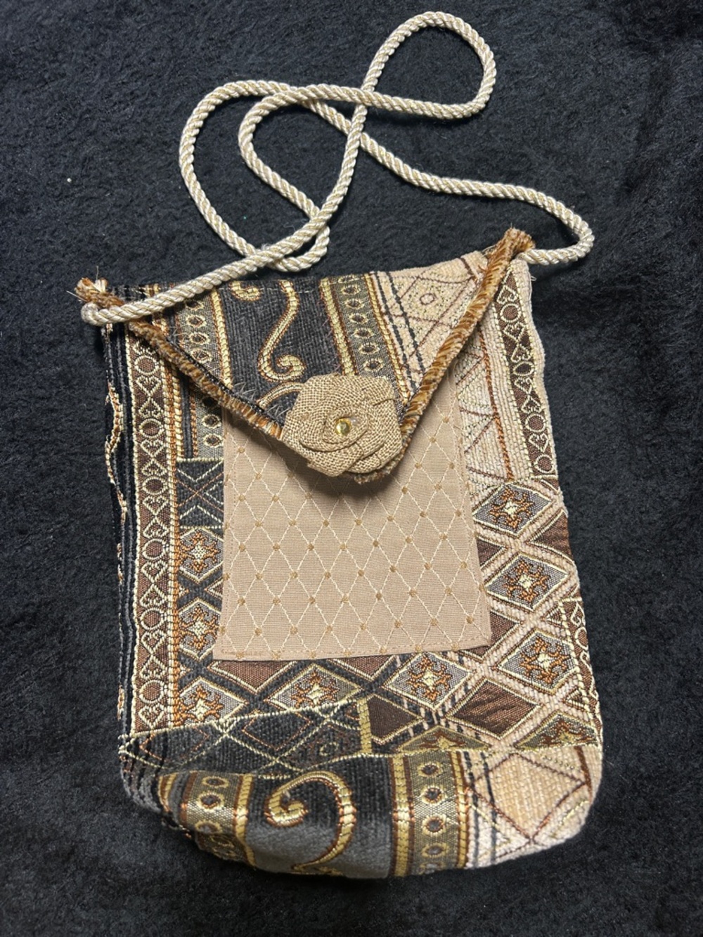 Beige & Brown Embroidered Crossbody Bag with Floral Accent
